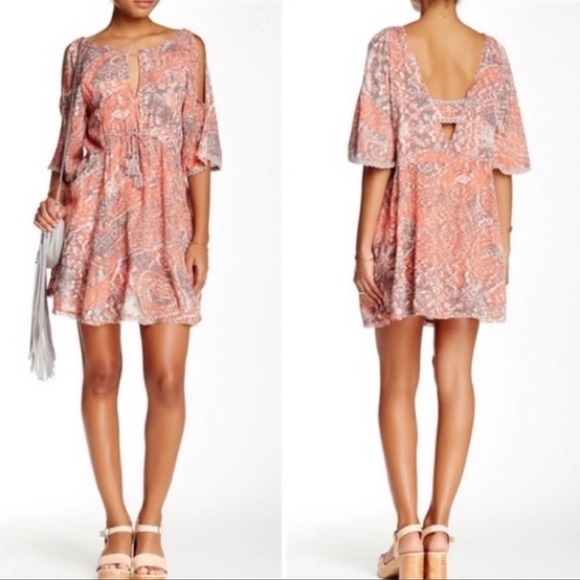 Free People Boho Love Bird Orange Printed Cold Shoulder Mini Dress Size Small - Picture 5 of 6
